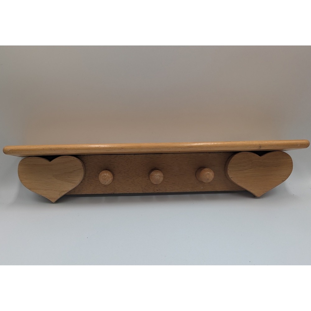 Vintage Wooden Wall Shelf Natural Wood Heart Accents 3 Pegs 18 Inch